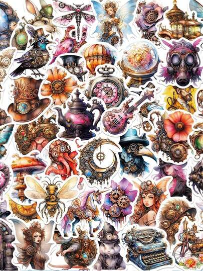 50pcs Watercolor Steampunk Creative Stickers, Vintage Victorian Mechanical Art Stickers Suitable For Laptop, Notebook, Water Bottle, Guitar, Refrigerator, Luggage, Scrapbook, Phone Case Decoration, Suitable For Back To School, Classroom, School, Birthday, Holiday Gifts