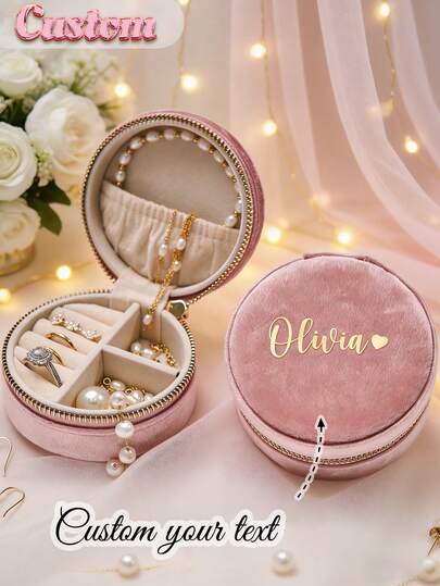 1pc Personalized Hot Stamping Custom Velvet Jewelry Box, Bohemian Style Round Portable Jewelry Organizer With Zipper Closure, Ring Roll & Custom Initials, Soft Fabric Lining, Bridesmaid Wedding Gift For Her, Valentine's Mother's Day Birthday Present, Small Jewelry Box, Jewelry Boxes