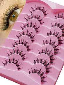 7对漫画风格纤细自然水润感假睫毛，嫁接效果仿貂毛假睫毛，透明梗，Y2K风格，3D蓬松长款猫眼妆，自然浓密，美睫工具 - 查看 2