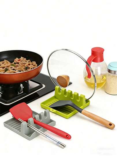 1 pieza/2 piezas Soporte multifunción de silicona para tapa de olla/cuchara, estante para cucharas, soporte para utensilios de cocina, estante multiusos para cubiertos, soporte para cucharas y espátulas, estante para tapa de olla, soporte para espátulas, suministros de cocina y comedor