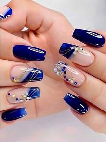24pcs Medium-Long Ballet Shape Blue Glitter INS Style Wearable False Nails, Full Coverage Removable Nail Tips Set For Women, Suitable For Party, Dance And Daily Wear - Blue - View 9