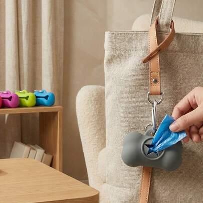 PETSIN Bone Shaped Dog Poop Bag Dispenser With Hooks, Portable Pet Waste Collector, Silicone Dog Poop Bag Holder, 1 Roll Dog Poop Bags, Outdoor Pet Supplies