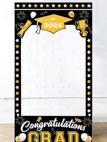1件 2026 毕业季装饰品，毕业派对拍照道具，祝贺毕业背景墙挂装饰，室内/室外庆祝活动，2026 高中/大学毕业派对装饰（黑金配色） - 畢業派對裝飾(黑金) - 查看 6