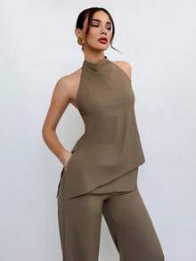 Women's 2-Piece Set Of Halter Neck Top And Pants In Brown, Everyday Style - 卡其色 - 查看 3