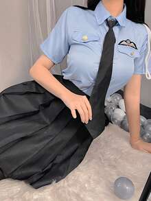 1 Conjunto de Disfraz de Azafata y Oficial Sexy, Uniforme de Juego de Roles, Secretaria Seductora (Medias no incluidas) - Azul - Ver 4