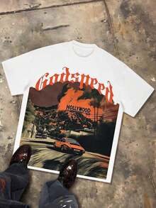 Y2K Tops, Godspeed Holly Wood Hills Orange Sunset Distressed Oversized Graphic Tee, Retro, Streetwear, Vintage, Drive Aesthetic, Baggy,   For Men - 白色 - 查看 9