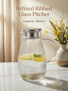 High Borosilicate Glass Cold Water Pitcher, Large Capacity Household Juice Pitcher With Lid, High Temperature Resistant Striped Water Pitcher, 1800ML/2200ML/1650ML/1300ML, Kitchen Transparent Water Pitcher With Stainless Steel Lid. - Classic Striped Large Size (1800ml) - View 6