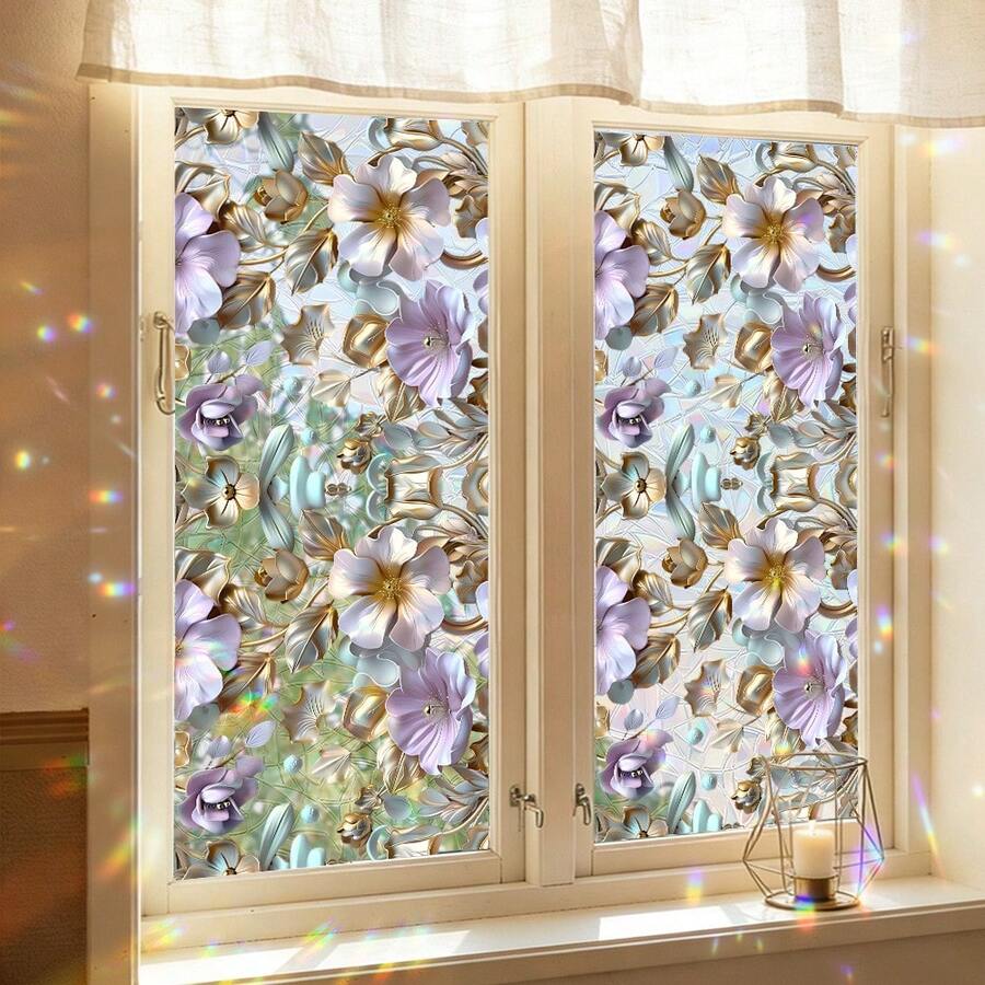 1/4片装优雅花卉彩色静电吸附窗膜，装饰性隐私窗膜，可重复使用，适用于浴室、卧室、客厅和办公室，提供紫外线防护和隔热效果