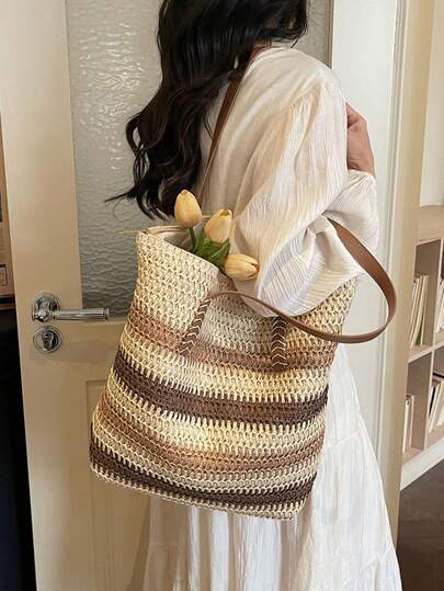 Fashion Color Block Striped Patchwork Women's Shoulder Tote Bag, Straw Bag, Essential For Vacation, Beach Travel Storage Bag, New Ladies Handbag, Suitable For Daily Life, Tote Bag, Large Capacity, Lightweight And Portable