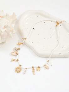 1pc Handmade Beaded Necklace With Seed Beads, Enamel Sun Shell, Asymmetrical Sea Shell, Pearl Pendant, Boho Beach Style - Gold - View 2