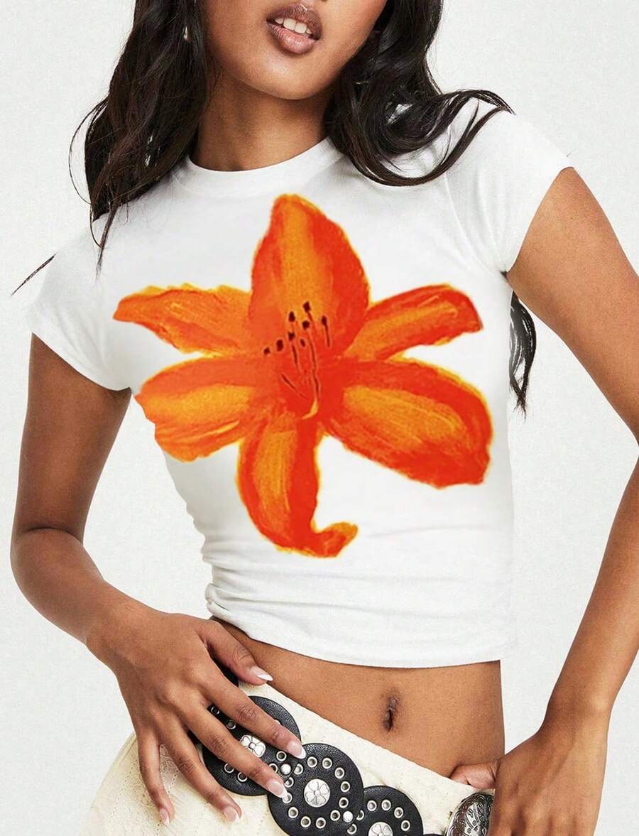 IN AWLY Floral Print Ruched Side Crop Tee Graphic Tees Women Tops - White - View 1