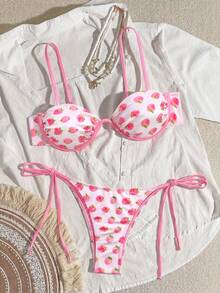 Bikinx Conjunto de bikini casual para mujer con estampado de frutas dulces, espalda descubierta, tiras de contraste y tirantes de espagueti elásticos, traje de baño lindo para vacaciones de verano - Rosa - Ver 7