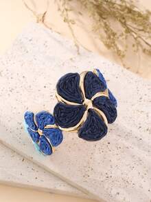 1pc Handmade Paper Yarn Woven Oversized Floral Bracelet, Adjustable, Suitable For Vacation, Party, Market, Afternoon Tea And Daily Wear, Blue - Blue - View 5