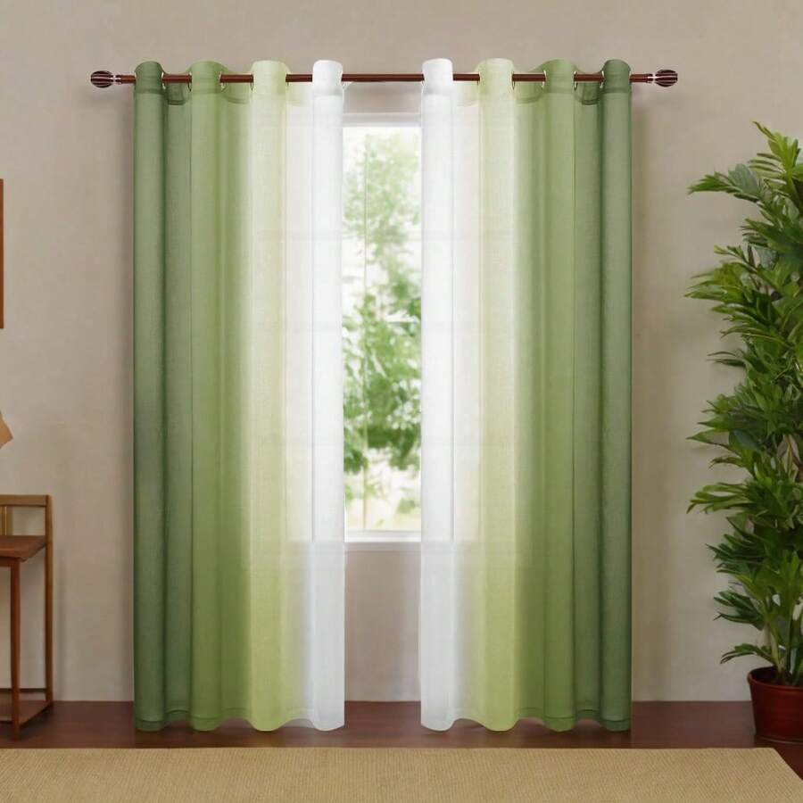 2 tấm rèm voan ombre, kiểu treo khoen, thích hợp cho phòng ngủ, phòng khách, trang trí nhà cửa, trang trí phòng. - màu xanh lá - Xem 1