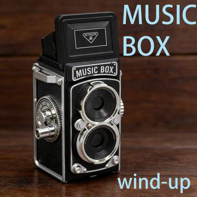Mechaniczna pozytywka w kształcie aparatu fotograficznego – dekoracja biurka, prezent świąteczny, ozdoba tworząca nastrój na biurku