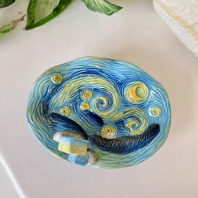 3D Ceramic Embossed Handpainted Van Gogh Starry Sky Soap Dish, Unique Bathroom Countertop Decor And Accessory, Mother's Day Gift