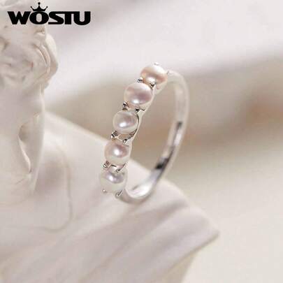 WOSTU 1 pieza Anillo de perla natural elegante de plata de ley 925, joyería nupcial, joyería fina hipoalergénica para mujeres, adecuado para bodas o uso diario