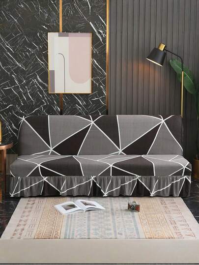 1pc Geometric Pattern Skirt Style Sofa Bed Cover Without Armrests, Polyester Fiber Sofa Cover, Suitable For All Seasons, Simple And Modern