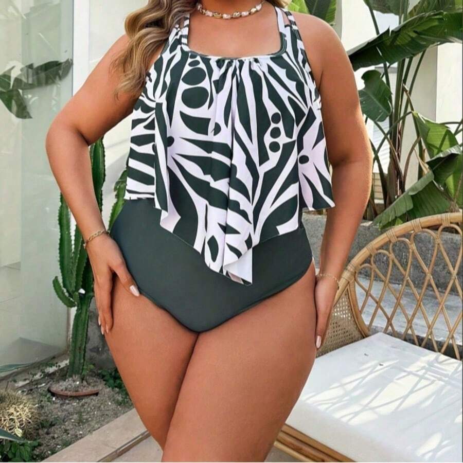 Free-Ship-Random Women's Plus Size Tankini Swimsuit Set - Cadet Blue - View 1