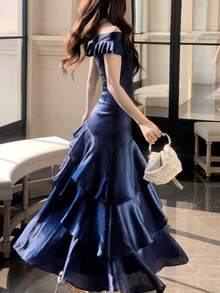 Women's Elegant Charming Romantic Off-Shoulder Sparkling Evening Dress, Valentine's Day Outfit, Formal Party Gown Wedding - Navy Blue - View 3