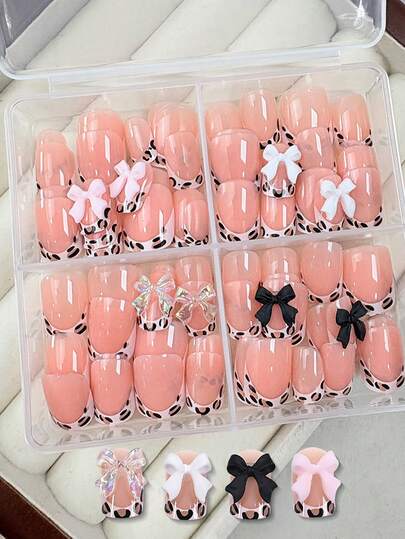 96Pcs Boxed Leopard French Tip Press On Nails Pink Bow Charms Short Round Fake Nails Y2K Acrylic Nails For Women & Girls DIY Manicure Extension Tool