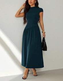 Women's Long Dress With High Neck, Short Sleeves, Loose Fit, Evangelical/Formal Fashion - Màu xanh hải quân - Xem 5