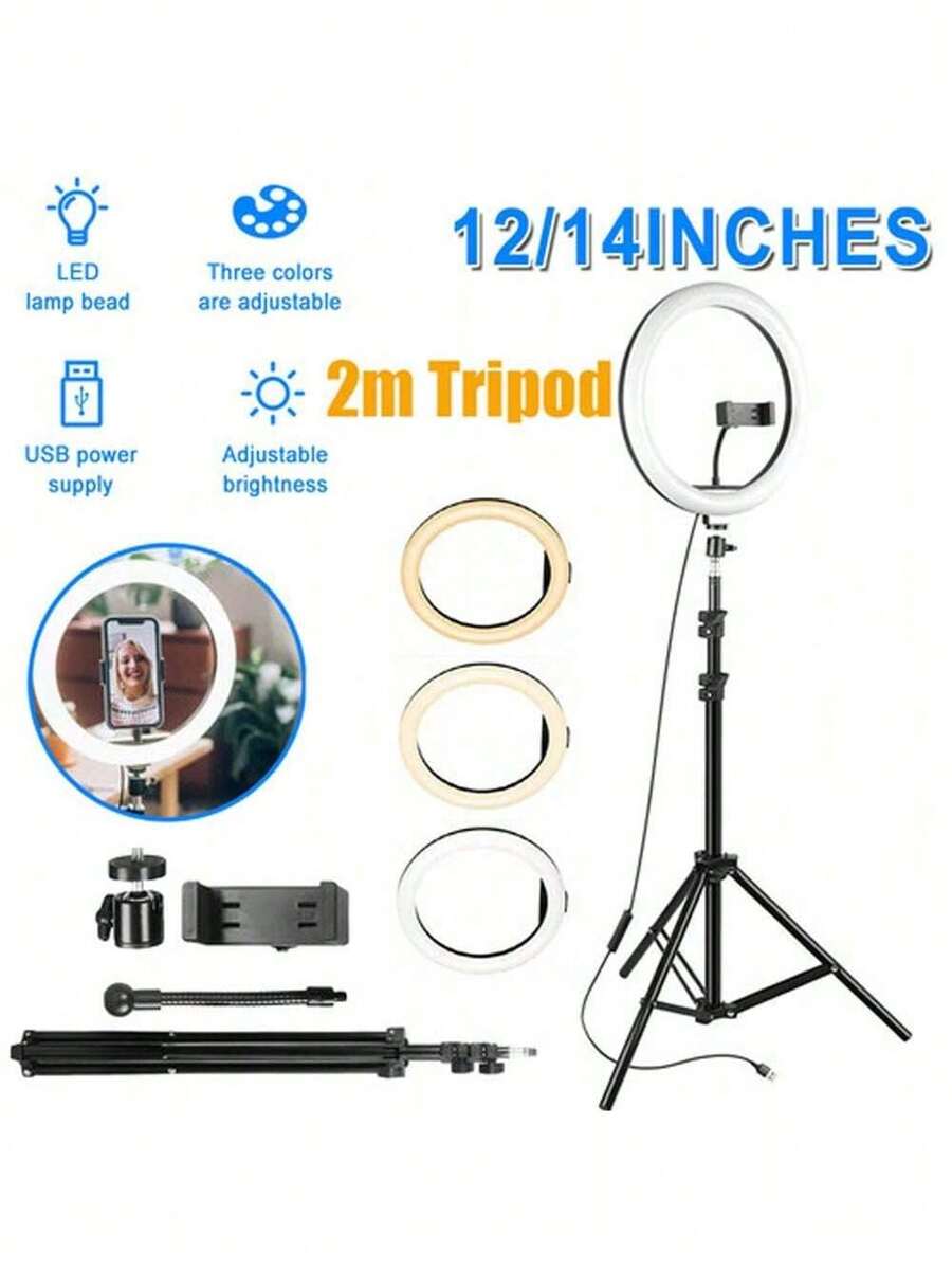12/14-Inch LED Ring Light With 2-Meter Adjustable Stand - USB-Powered, Multi-Position Tripod For Streaming, Photography, And Video Recording, Live Streaming Lighting | Sleek Black Stand | Flexible Tripod - Xem 1