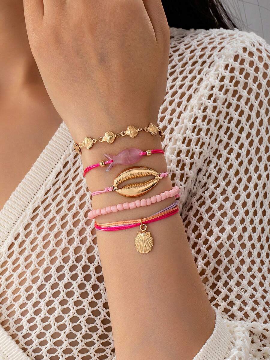 5 Stück/Set rosa Surfarmband geflochten, Muscheldekor Perlenarmband, geeignet für Sommerurlaub am Strand, handgemachter Boho-Stil Schmuck - Verschiedenfarbig - Übersicht 1