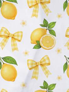 Bộ đồ ngủ trẻ em 2 món in hình nơ và chanh, áo cardigan tay ngắn cổ bẻ thoáng mát và quần short cạp chun rộng rãi, chống cháy, họa tiết lá chanh xanh với nơ, thích hợp cho trẻ em và trẻ lớn mặc hàng ngày. - trắng - Xem 9