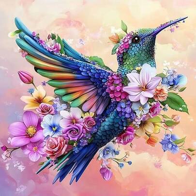 1件套5D钻石画套装，蜂鸟与花卉图案，适合成人初学者DIY马赛克钻石画，全钻手工DIY钻石画，适用于客厅、卧室、办公室墙面装饰，惊喜艺术家居装饰礼物，送给家人和朋友，无框[30*30厘米/11.8*11.8英寸][40*40厘米/15.7*15.7英寸]