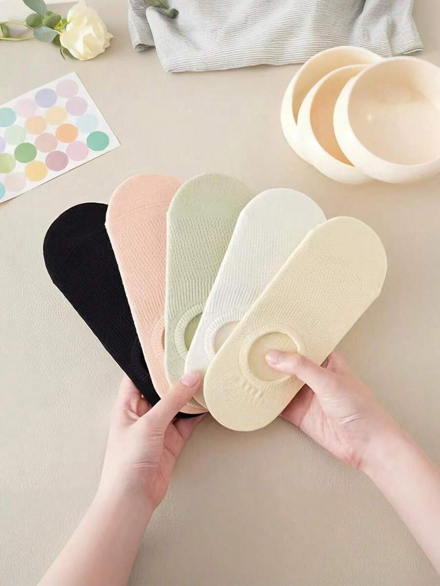 5 Pairs Women's Thin Socks, Casual Boat Socks, Summer Thin Non-Slip Invisible Socks, Collegiate Style - Multicolor - View 1