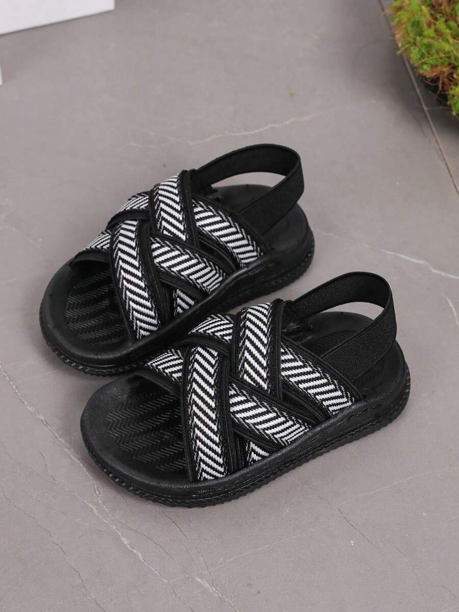 Children's Striped Elastic Band Summer Sandals, Slip-On Flat Beach Shoes, Woven Craftsmanship - Black - View 1