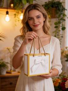 10pcs/1pc/Small Thank-You Gift Bag With Bow And Handle, Measuring 14X12X6CM. Suitable For Jewelry, Baby Showers, Bridal Showers, Wedding Season/Mother's Day And Christmas Holiday Gifts. - Gold Trim + White Bow - View 10