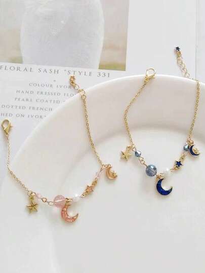 Pulsera de aleación con colgante de estrella y luna, de estilo casual y de lujo ligero, para que las niñas la usen en vacaciones, fiestas y uso diario