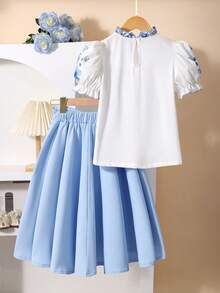 2pcs/Set Girls Floral Puff Sleeve Top And Mini Skirt, Casual Outfit For Spring/Summer - Blue and White - View 2