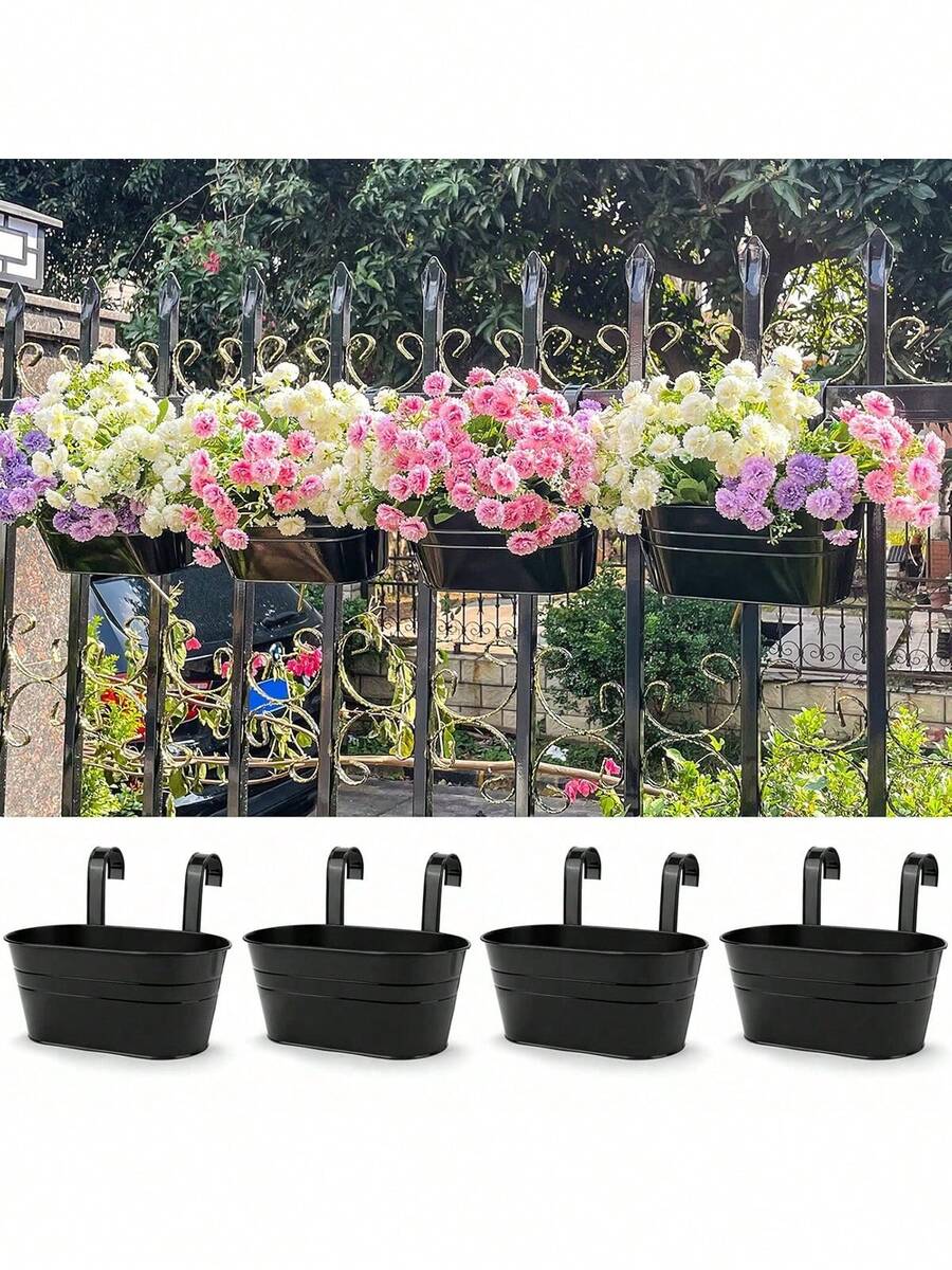 懸掛式金屬鐵製壁掛花盆植栽桶，附可拆卸掛鉤，適用欄杆圍欄、陽台、庭院、花園室內裝飾，節日裝飾，派對裝飾