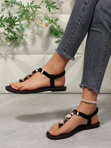 Bohemian Style Petal Metal Decor Roman Sandals - Black - View 5