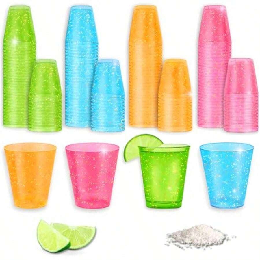 D100 COUNT 1 Oz NEON SPARKLE PLASTIC SHOT GLASS CUPS BRIGHT MULTI-COLOR Variety Pack Disposable Party Mini Cups Perfect For Jello Shots Dert Shooters Parties Weddings Bars - 100 Cups - View 1