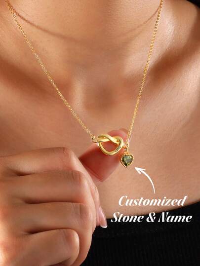 1pc Personalized Love Birth Stone Necklace, Customized Carved Name Love Pendant Necklace, Customized Surname Necklace, Women's Fashion Minimalist Jewelry, Exquisite Birth Stone Pendant Necklace, Cute Daily Fashion Accessories, Giving Her Birthday Gifts, Valentine's Day/Mother's Day/Christmas Gifts