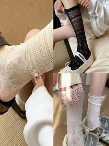 1双女士中筒袜，白色薄款蕾丝边船袜，适合春夏季穿着 - 彩色 - 查看 13