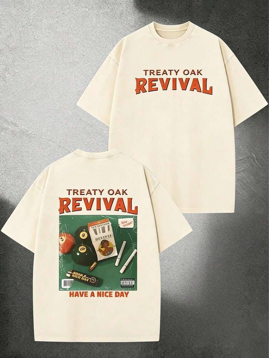 [100% Cotton] 1 230g Heavyweight T-Shirt-Double-Sided Vintage Street-Style Print With Treaty Oak Revival Graphic, Regular Round Neck, Machine Washable - 杏色 - 查看 1