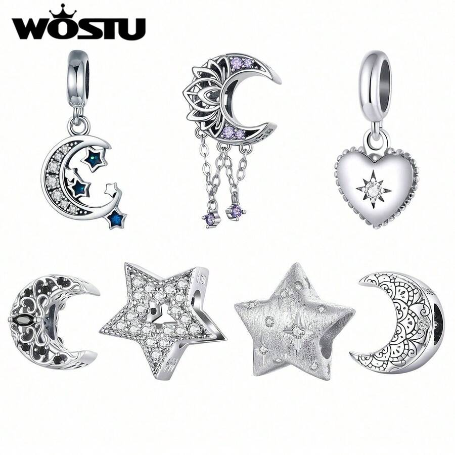 WOSTU Mặt dây chuyền hình ngôi sao và mặt trăng tuyệt đẹp bằng bạc 925 đính đá Zirconia lấp lánh, thích hợp cho phụ nữ đeo hàng ngày, có thể dùng làm trang sức hoặc quà tặng. - Bạc - Xem 1