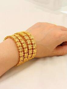 1pc 24K Gold Plated Middle Eastern Style Four-Leaf Flower Bangle Bracelet, Luxury African/Nigerian Women's Wedding Party Accessory, Bohemian Jewelry - Gold 5 - View 5
