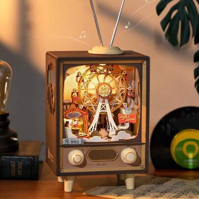 Robotime Rolife Sunset Carnival 3D Wooden Music Box - TV Ferris Wheel Shaped DIY Puzzle Model With Rotating Ferris Wheel And Adjustable LED Lights, 174 Pieces, Suitable For Teenagers And Adults, Home Decor, Gift For Women (AMT01), Kids Toys, Toys For Girl