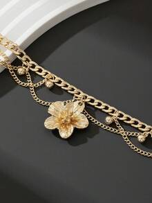 1pc Vacation Style Line & Tassel Golden Flower Pendant Multilayer Anklet For Women (No Gift Box) - 金色 - 查看 2