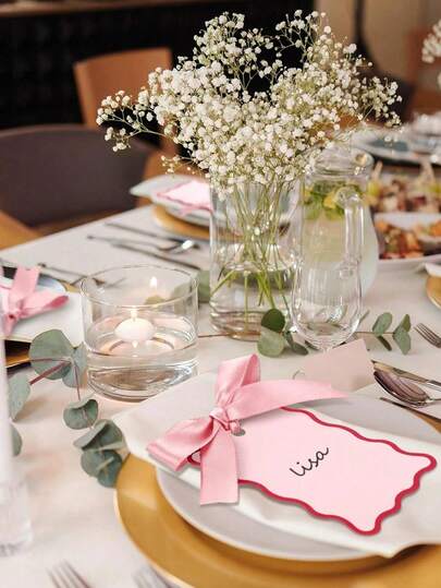 6/24/48pcs Shell Shaped Name Cards With Ribbons, DIY Wedding Table Number Cards, Elegant Guest Name Cards, Bow Tie Table Cards, Wedding Party Decor (Pink), Party Dining Table Decoration And Seating, Wedding Reception Table Decor