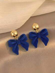 1对时尚独特的蓝色植绒蝴蝶结耳环，适合女性日常、节日和派对佩戴 - 蝴蝶結 - 查看 4
