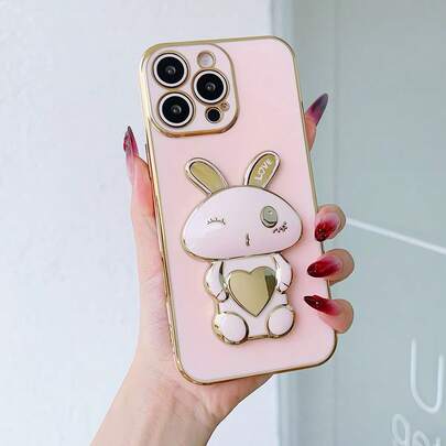 可爱心形眨眼兔电镀防震折叠支架手机壳，兼容三星 Galaxy S26-S20、A02S-A07、A11-A17/A20-A70，兼容 Note 7/8/9/10/11/12/13/14/15/A5/A3/A2/A1/9/10/12/13C/14C/15C，荣耀 MAGIC 5/6/7 LITE，HW，Reno