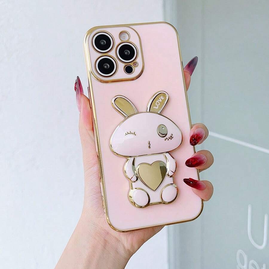 可爱心形眨眼兔电镀防震折叠支架手机壳，兼容三星 Galaxy S26-S20、A02S-A07、A11-A17/A20-A70，兼容 Note 7/8/9/10/11/12/13/14/15/A5/A3/A2/A1/9/10/12/13C/14C/15C，荣耀 MAGIC 5/6/7 LITE，HW，Reno