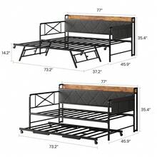 Sofá Cama con rodar, Marco de Cama de tamaño Individual con cabecera tapizada, Marco de Metal, sofá Cama para Sala de Estar, recámara y habitación de - Hierro negro + respaldo de lino gris + combinación de colores vintage - Ver 2